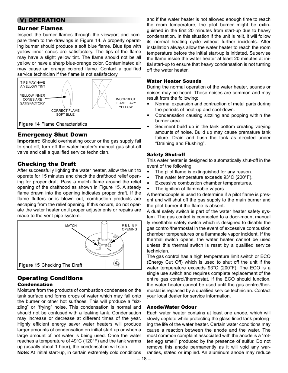 V) operation burner flames, Emergency shut down, Checking the draft | Operating conditions | GSW 72090 User Manual | Page 18 / 26