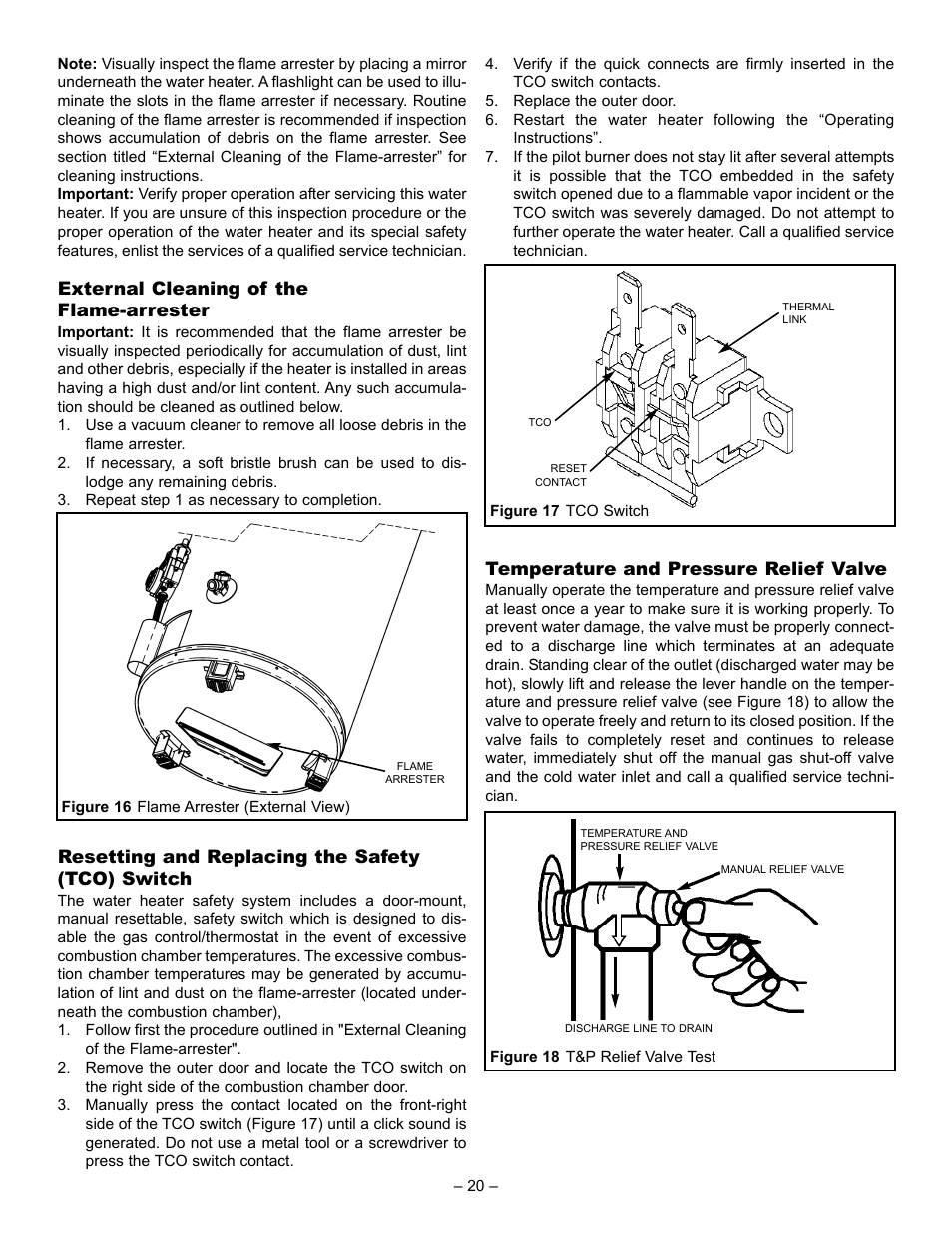 External cleaning of the flame-arrester, Resetting and replacing the safety (tco) switch, Temperature and pressure relief valve | GSW 72090 User Manual | Page 20 / 26