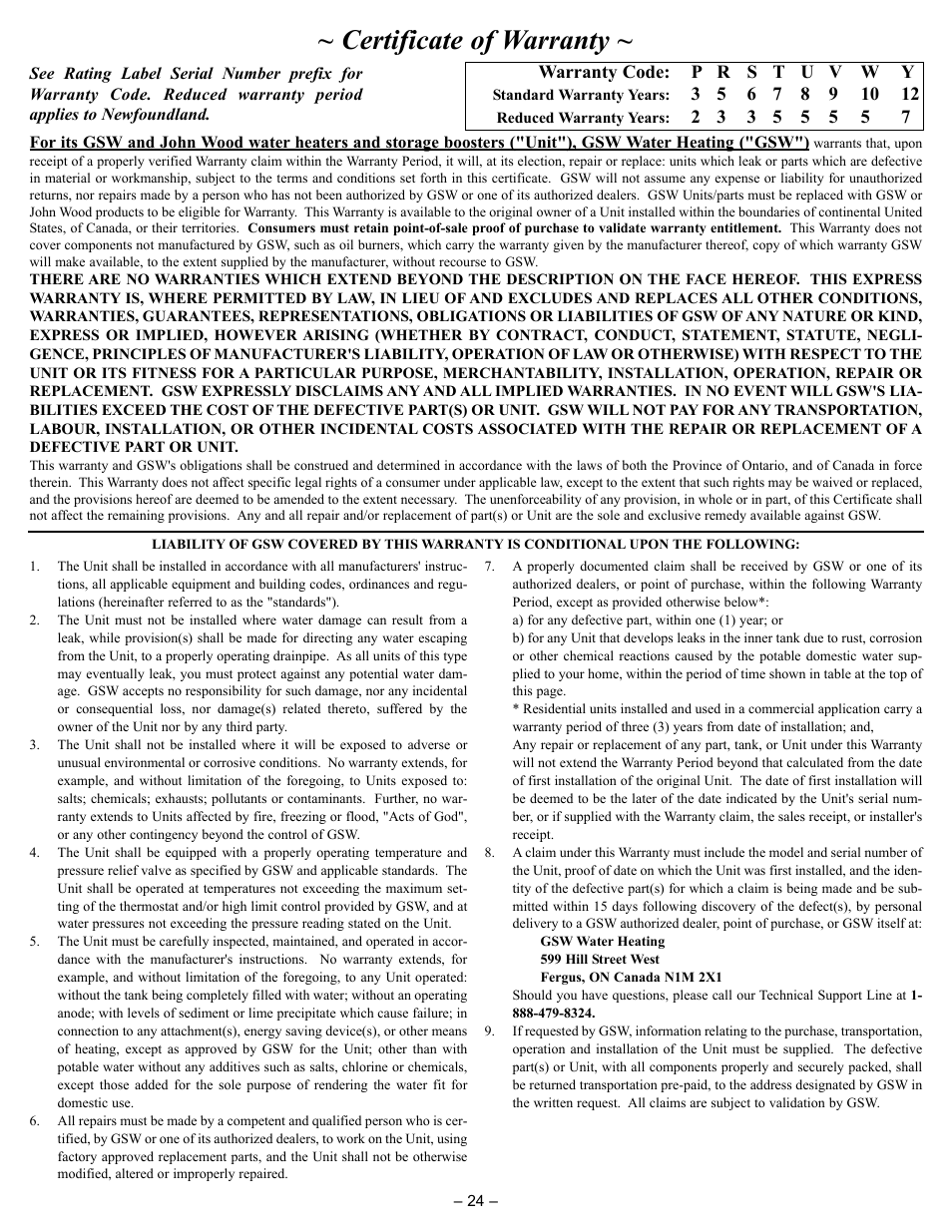 Certificate of warranty | GSW JWF507 User Manual | Page 24 / 24