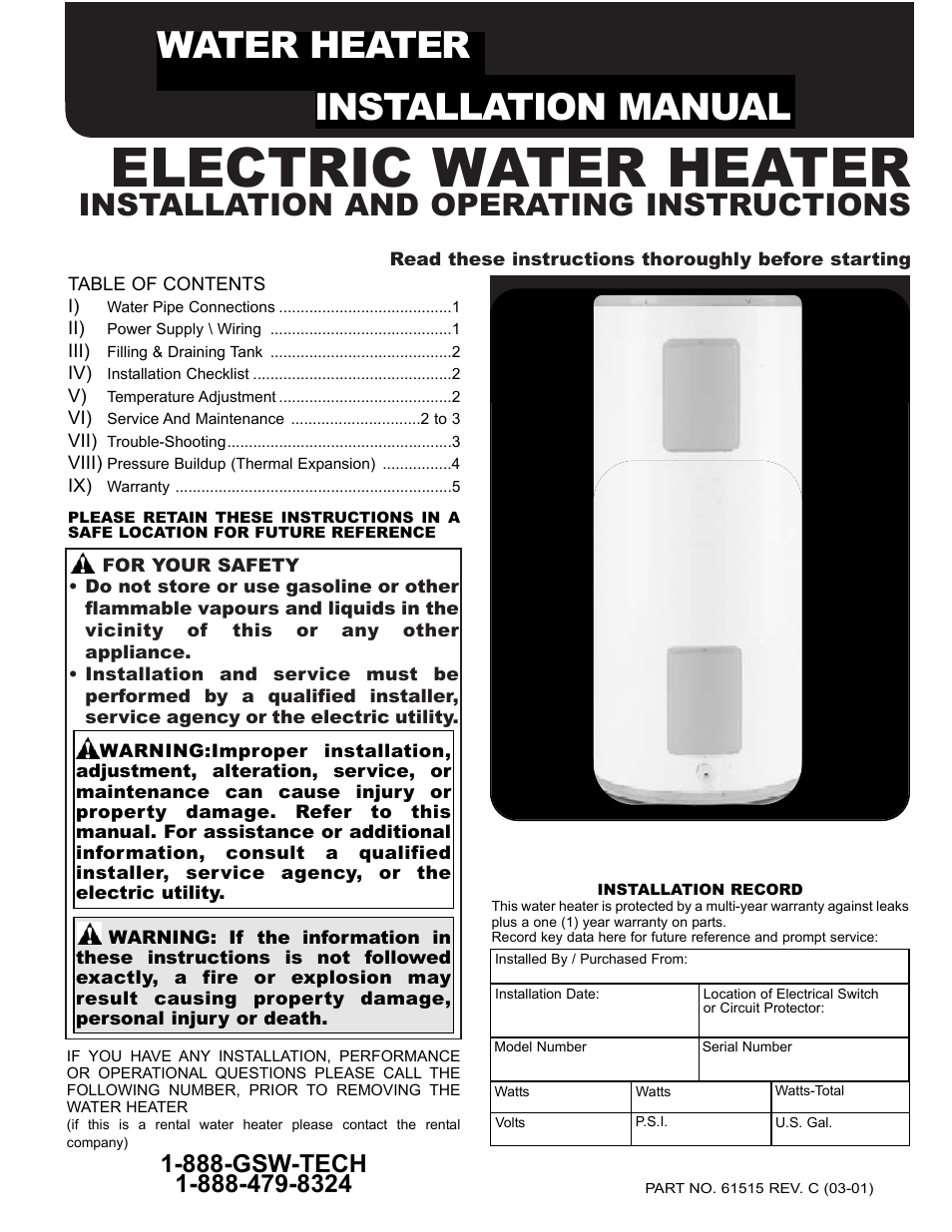 GSW Electric Water Heate User Manual | 6 pages