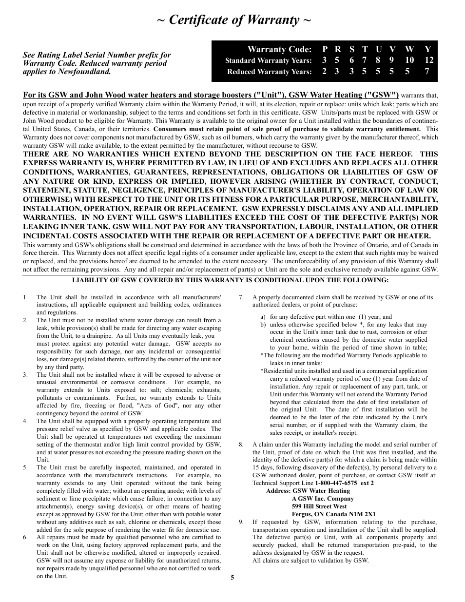 Certificate of warranty | GSW Electric Water Heate User Manual | Page 6 / 6