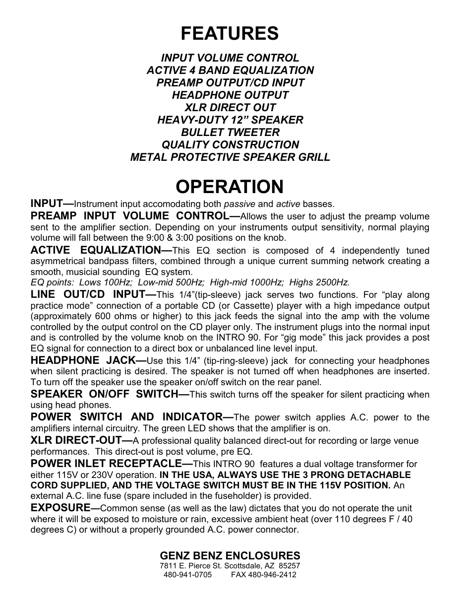 Features, Operation | Genz-Benz Intro-90 User Manual | Page 2 / 2