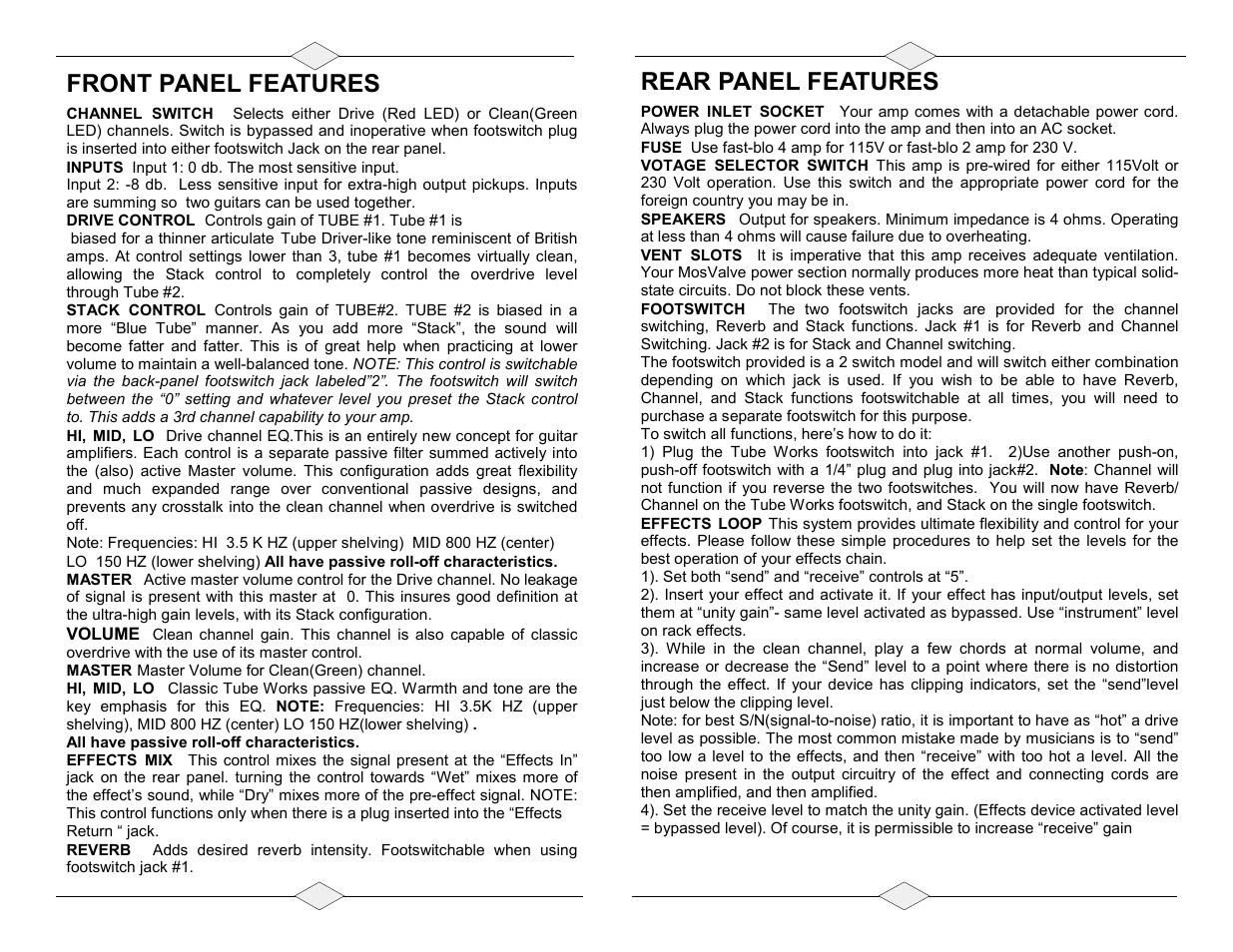 Front panel features, Rear panel features | Genz-Benz 9100 MosValve User Manual | Page 2 / 2
