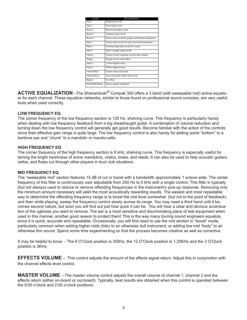 Active equalization, Effects volume, Master volume | Genz-Benz SHENANDOAH COMPAK 300 User Manual | Page 3 / 8