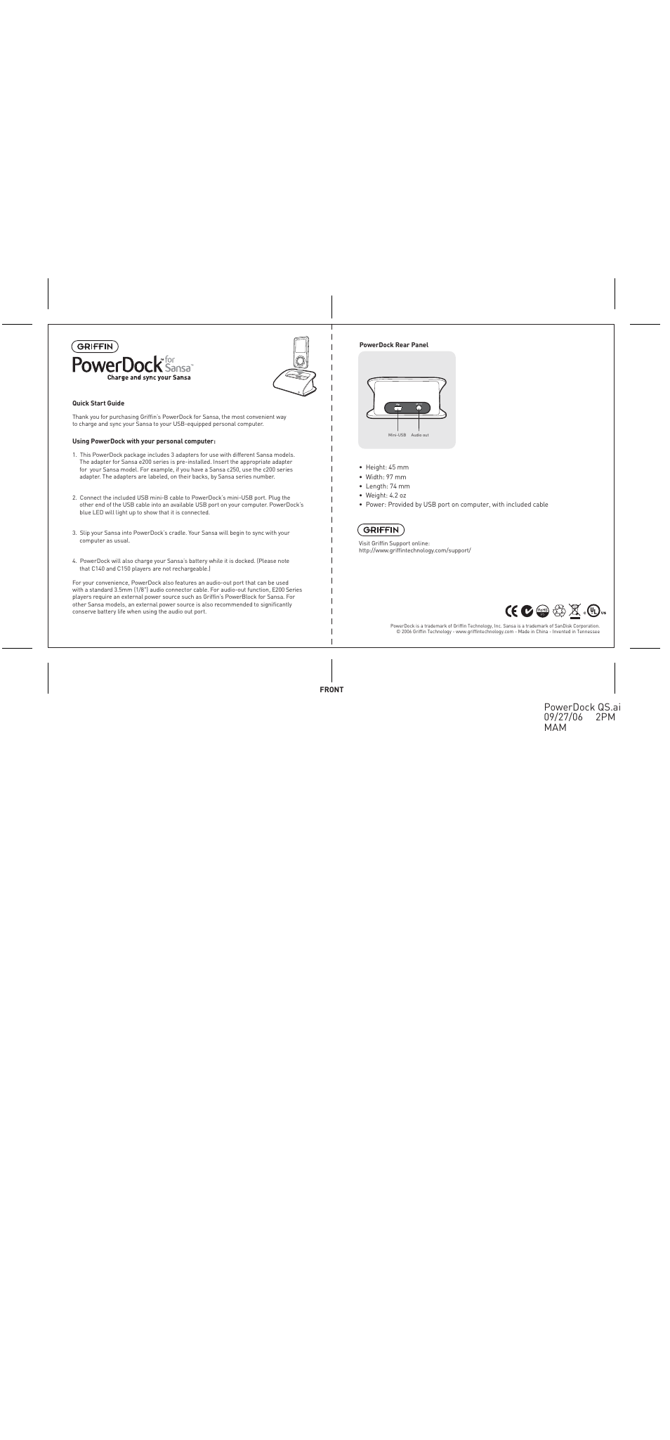Griffin Technology PowerDock Sansa User Manual | 1 page