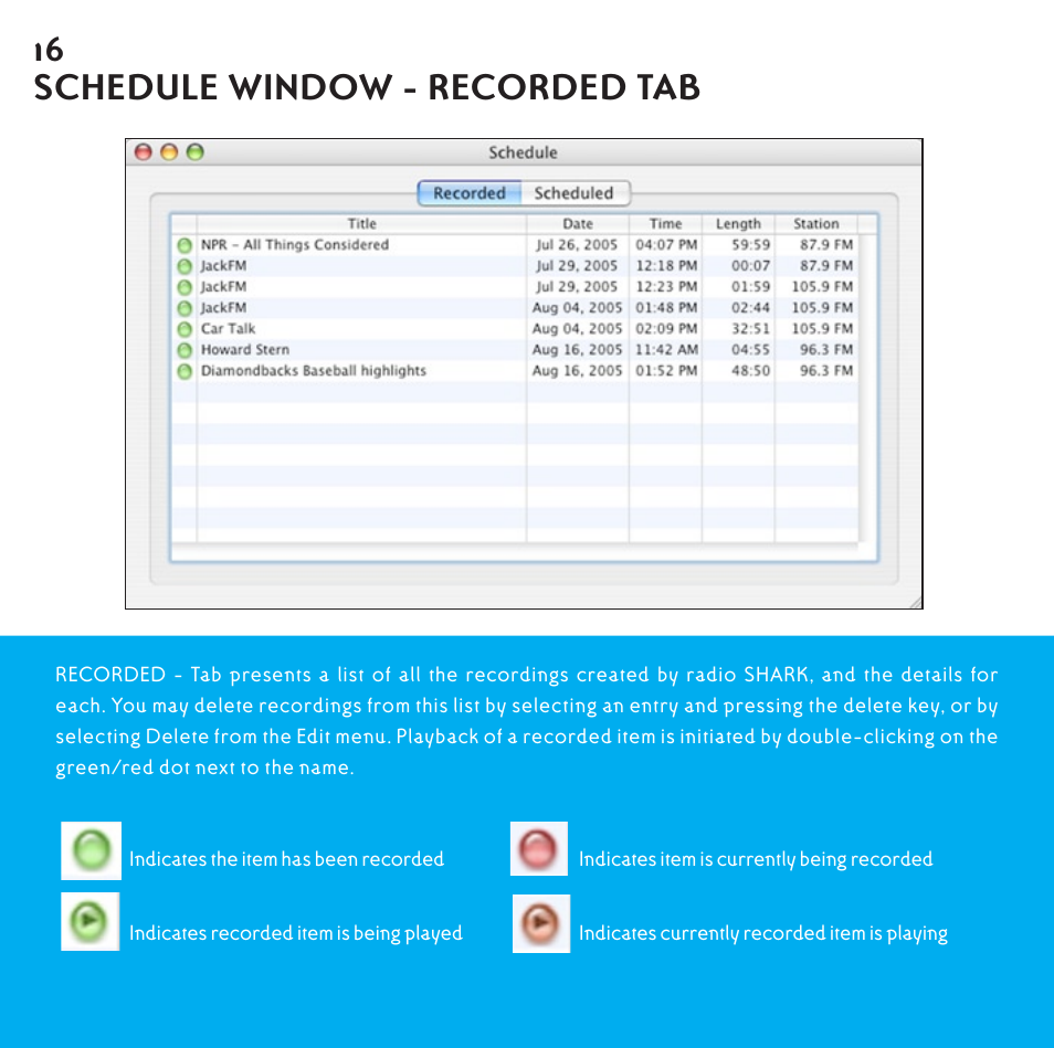 Schedule - recorded tab, Schedule window - recorded tab | Griffin Technology Radio Shark2.0 shark 2.0 User Manual | Page 16 / 26