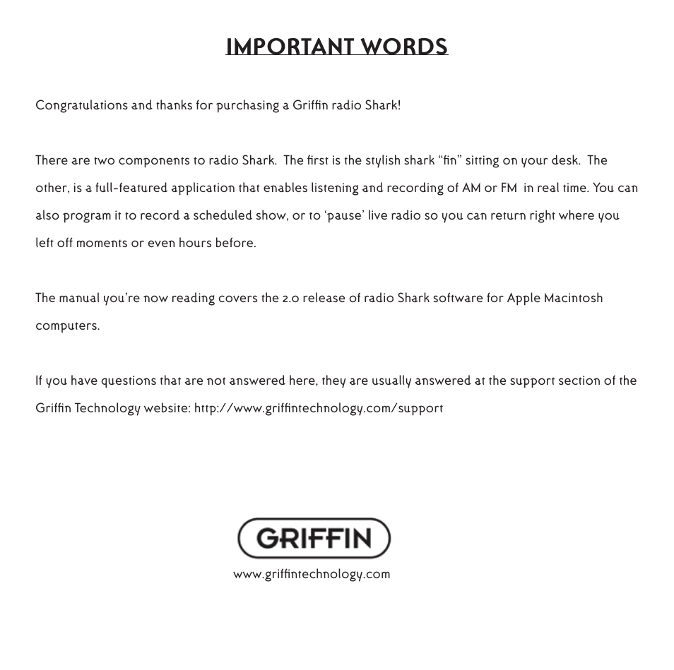 Important words | Griffin Technology Radio Shark2.0 shark 2.0 User Manual | Page 2 / 26