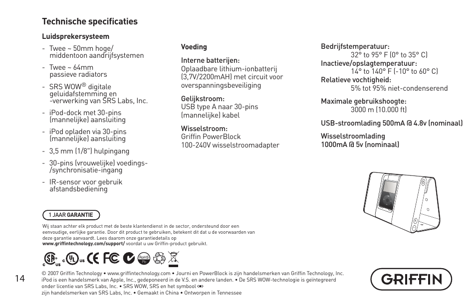 Technische specificaties | Griffin Technology Griffin TuneBuds Personal Mobile Speaker System User Manual | Page 14 / 42