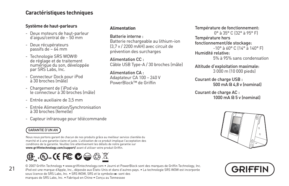 Caractéristiques techniques | Griffin Technology Griffin TuneBuds Personal Mobile Speaker System User Manual | Page 21 / 42