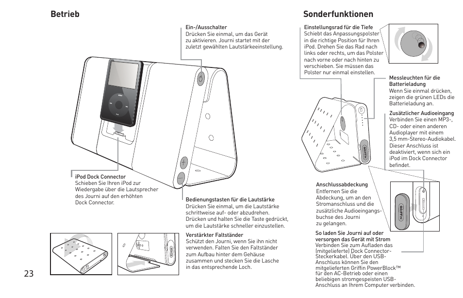 Betrieb, Sonderfunktionen | Griffin Technology Griffin TuneBuds Personal Mobile Speaker System User Manual | Page 23 / 42