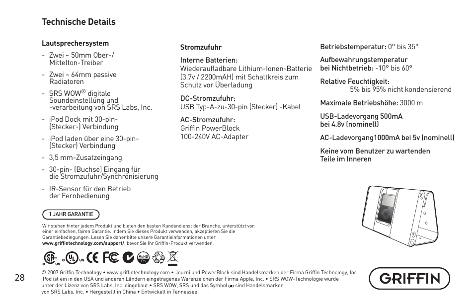 Technische details | Griffin Technology Griffin TuneBuds Personal Mobile Speaker System User Manual | Page 28 / 42
