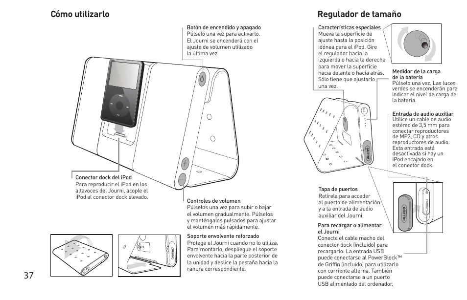 Cómo utilizarlo, Regulador de tamaño | Griffin Technology Griffin TuneBuds Personal Mobile Speaker System User Manual | Page 37 / 42