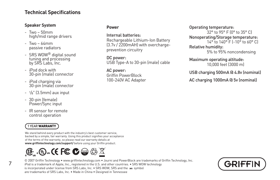 Technical specifications | Griffin Technology Griffin TuneBuds Personal Mobile Speaker System User Manual | Page 7 / 42