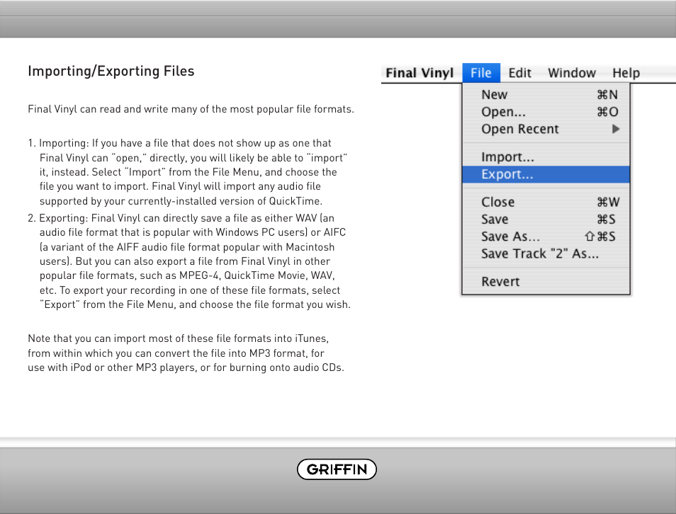 Importing/exporting files | Griffin Technology Final Vinyl 2.5 User Manual | Page 16 / 17
