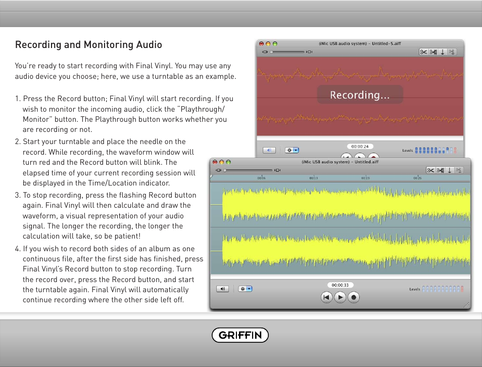 Recording and monitoring audio | Griffin Technology Final Vinyl 2.5 User Manual | Page 8 / 17