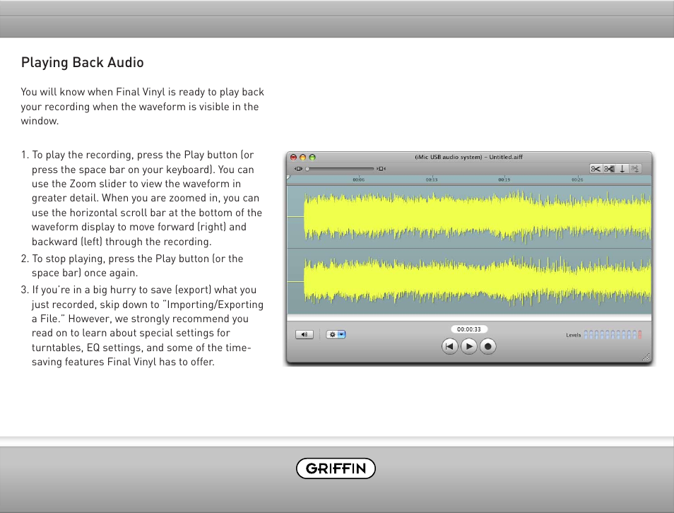 Playing back audio | Griffin Technology Final Vinyl 2.5 User Manual | Page 9 / 17