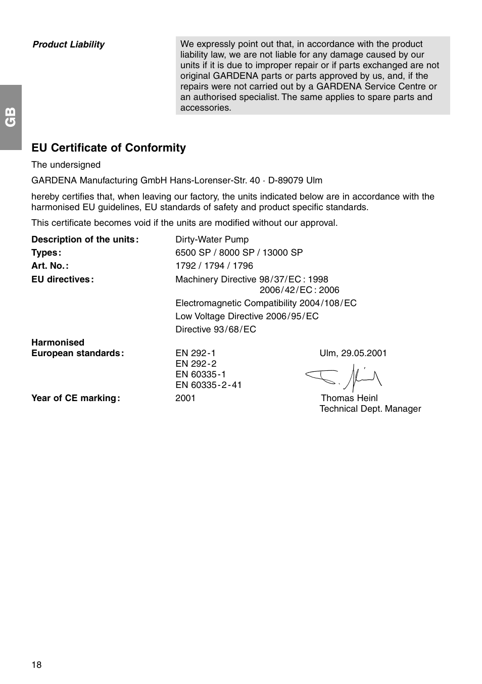 Eu certificate of conformity | Gardena 8000S SP User Manual | Page 9 / 10