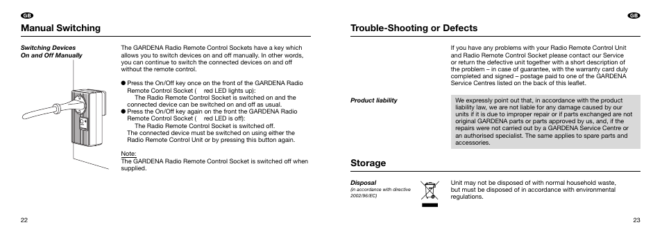 Trouble-shooting or defects, Storage, Manual switching | Gardena 7875 User Manual | Page 6 / 11