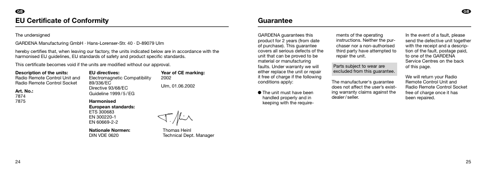 Guarantee, Eu certificate of conformity | Gardena 7875 User Manual | Page 7 / 11
