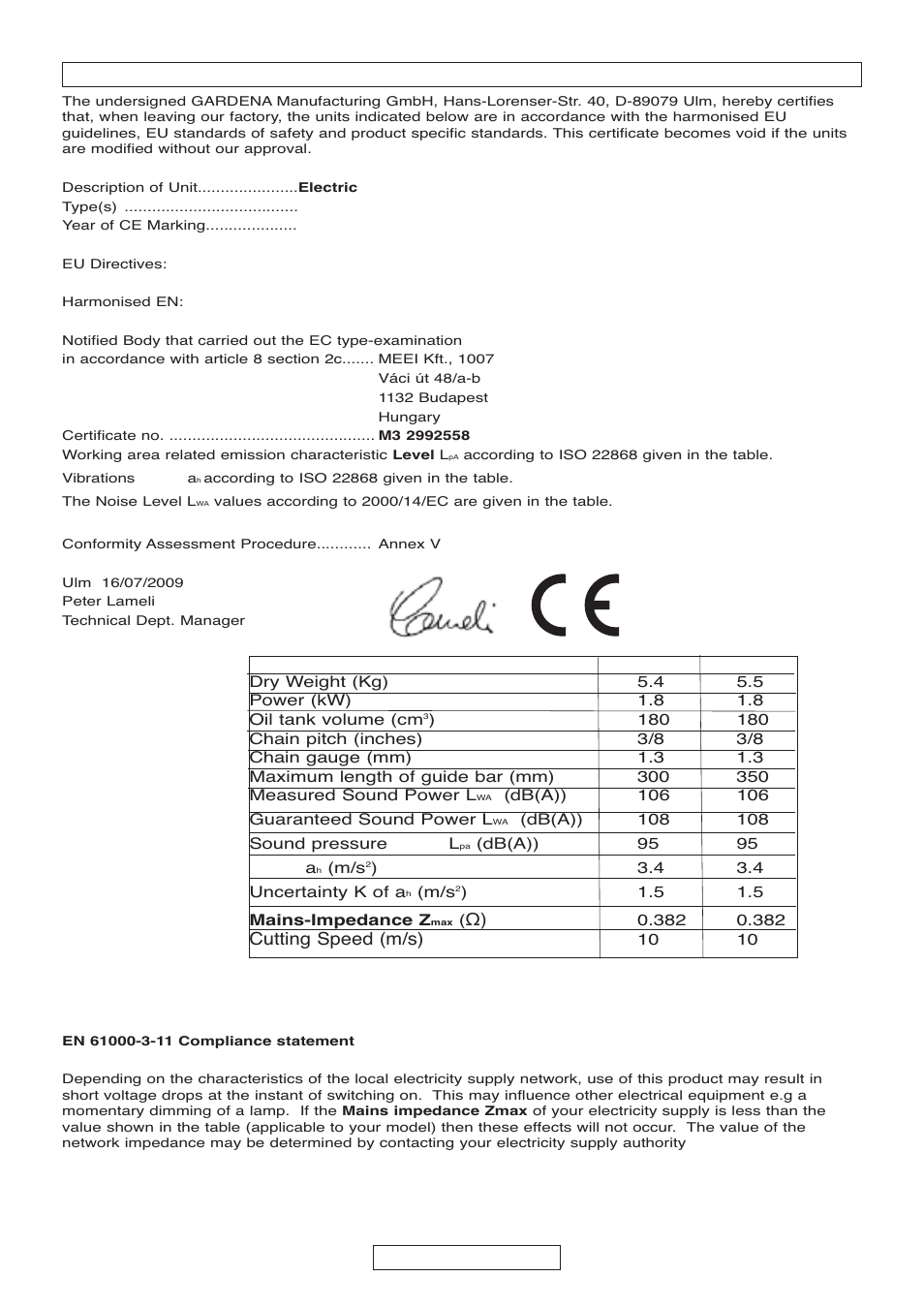 Eu certificate of conformity english - 10, Cutting speed (m/s) | Gardena EN61000-3-2 User Manual | Page 20 / 21