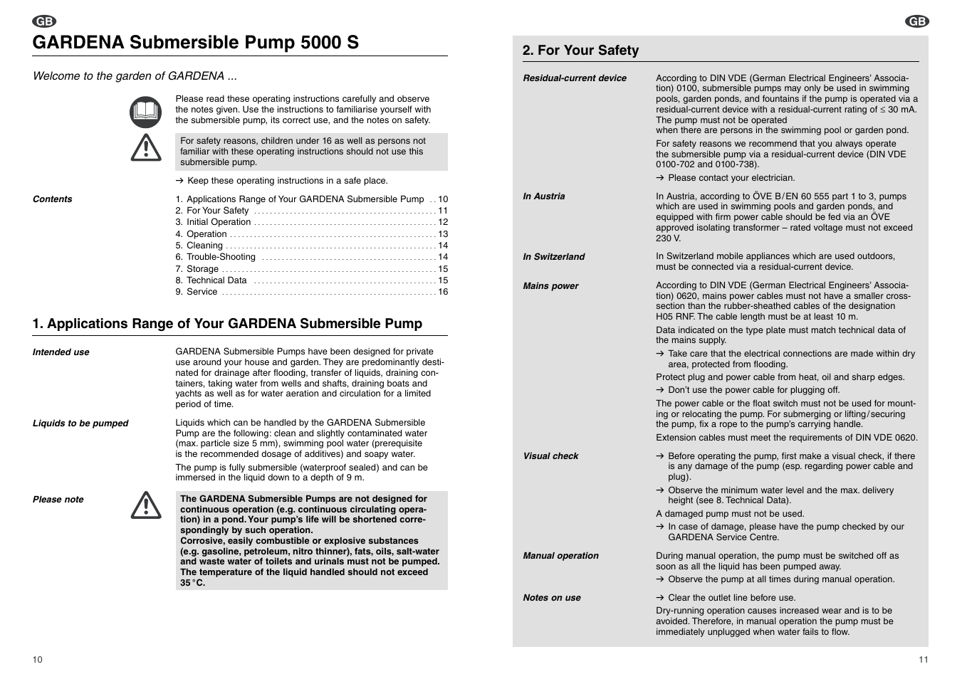 Gardena submersible pump 5000 s, For your safety | Gardena 5000 S User Manual | Page 2 / 6