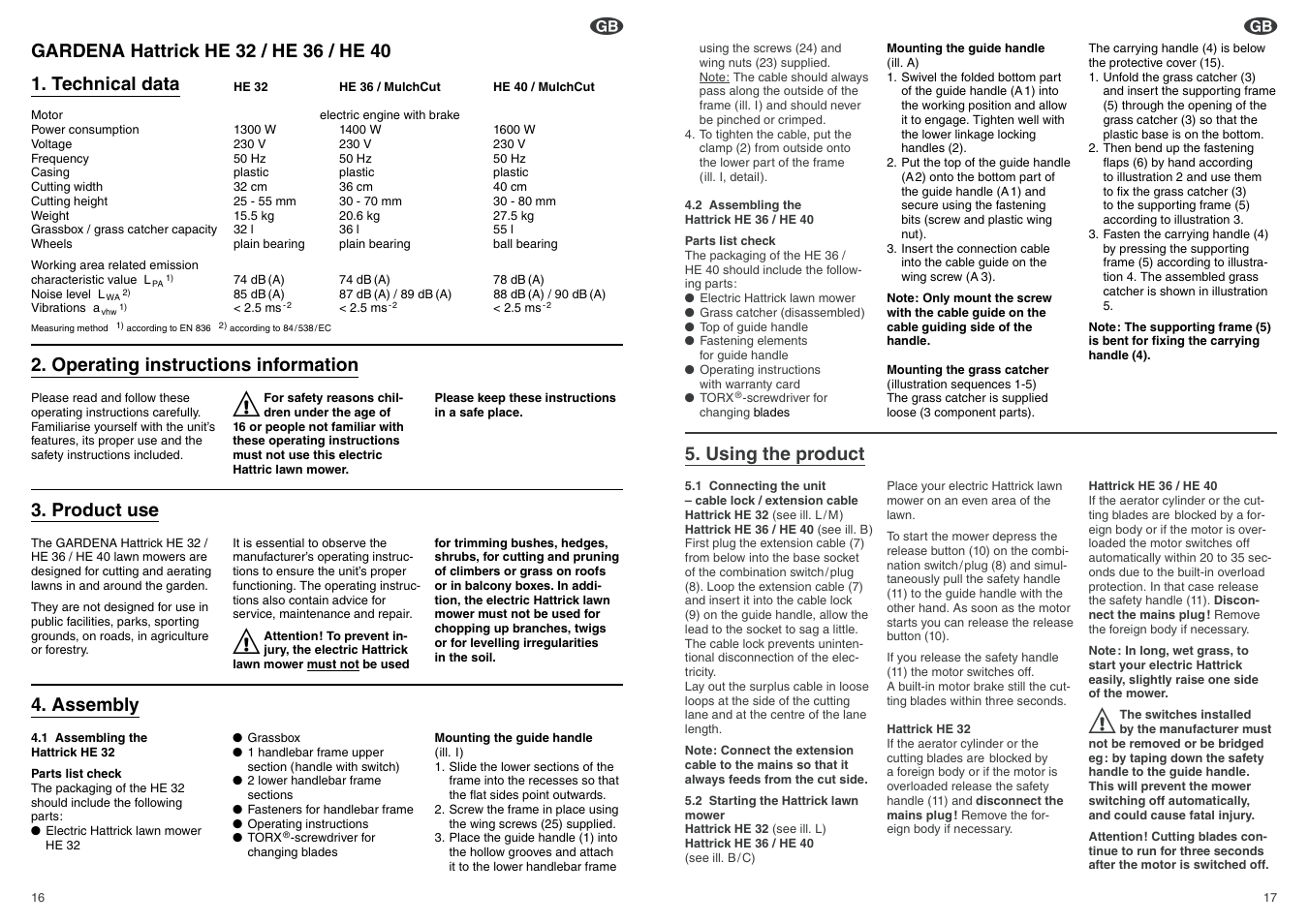 Using the product, Operating instructions information, Assembly | Product use | Gardena Lawn Mower HE36 User Manual | Page 5 / 14