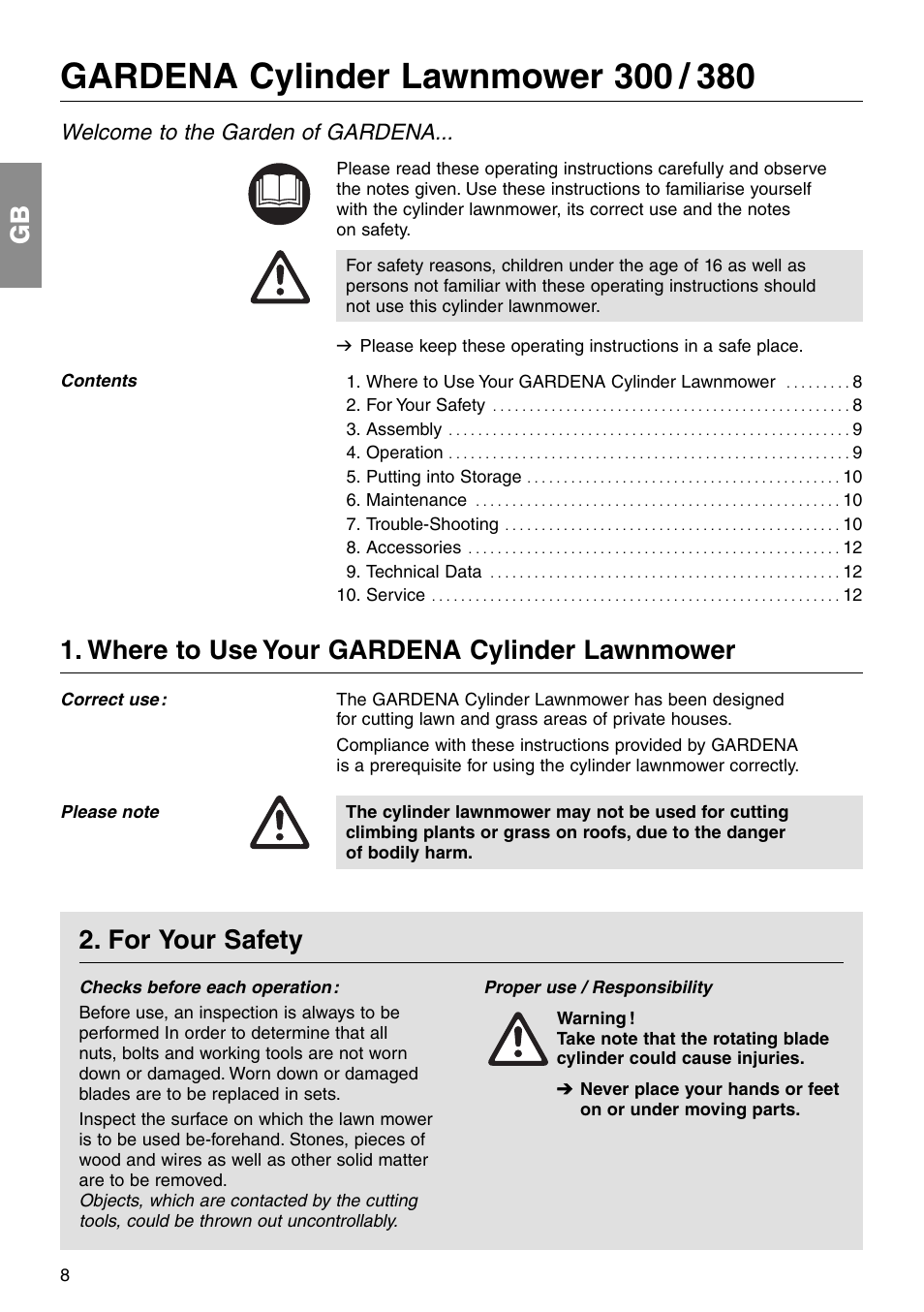 Gb 2. for your safety, Where to use your gardena cylinder lawnmower, Welcome to the garden of gardena | Gardena 380 User Manual | Page 2 / 8