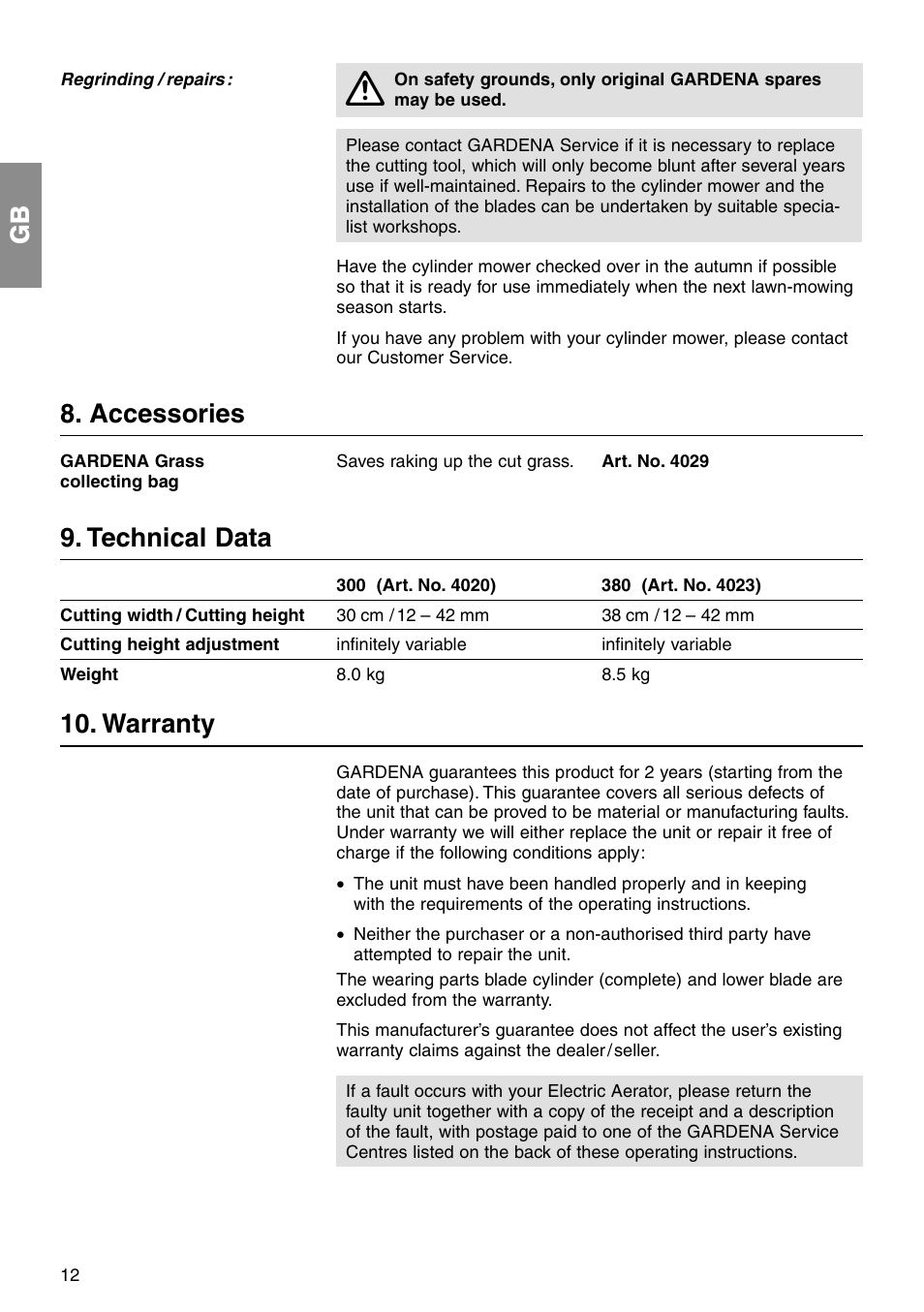 Accessories, Technical data, Warranty | Gardena 380 User Manual | Page 6 / 8