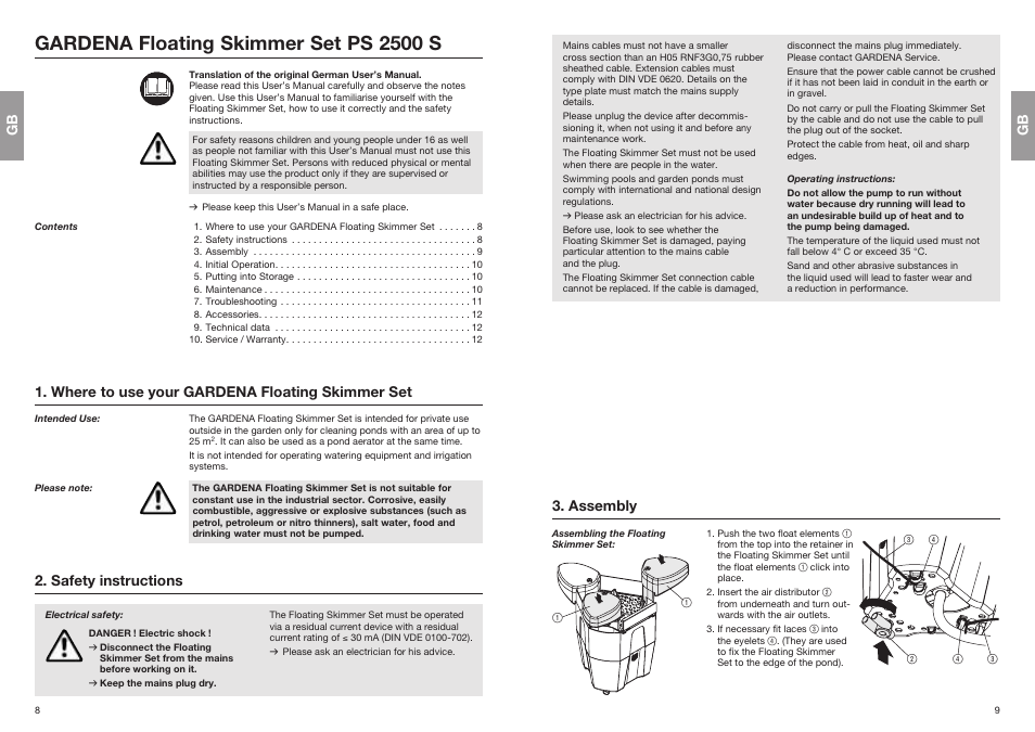 Gardena floating skimmer set ps 2500 s, Where to use your gardena floating skimmer set, Safety instructions | Assembly | Gardena Floating Skimmer Set PS 2500 S User Manual | Page 2 / 6