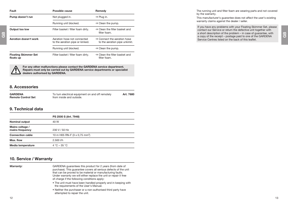 Accessories, Technical data, Service / warranty | Gardena Floating Skimmer Set PS 2500 S User Manual | Page 4 / 6