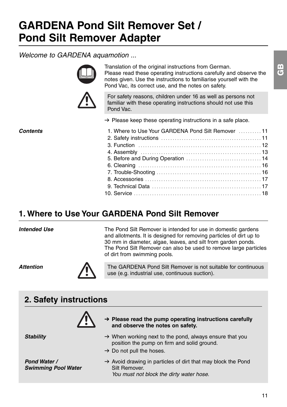 Gb 2. safety instructions, Where to use your gardena pond silt remover, Welcome to gardena aquamotion | Gardena 7940 User Manual | Page 2 / 10