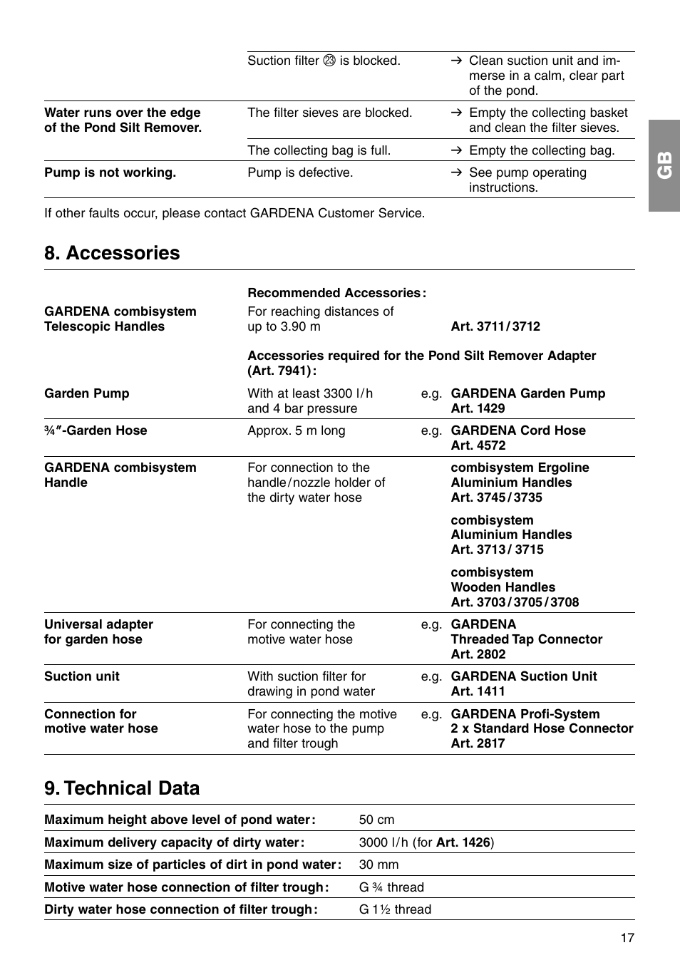 Accessories, Technical data | Gardena 7940 User Manual | Page 8 / 10