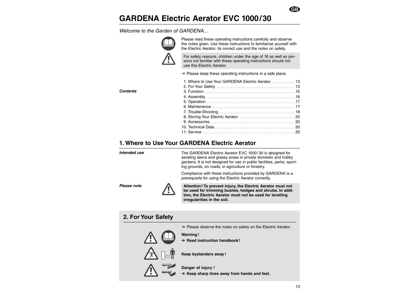 Where to use your gardena electric aerator, For your safety | Gardena EVC 1000/30 User Manual | Page 2 / 7