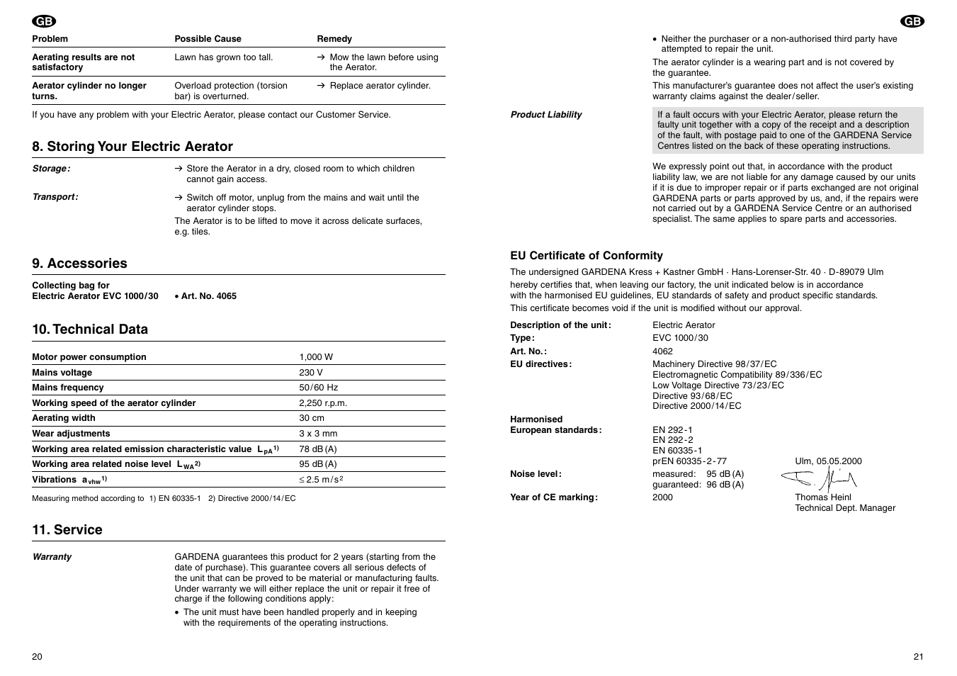 Storing your electric aerator, Accessories, Technical data | Service | Gardena EVC 1000/30 User Manual | Page 6 / 7