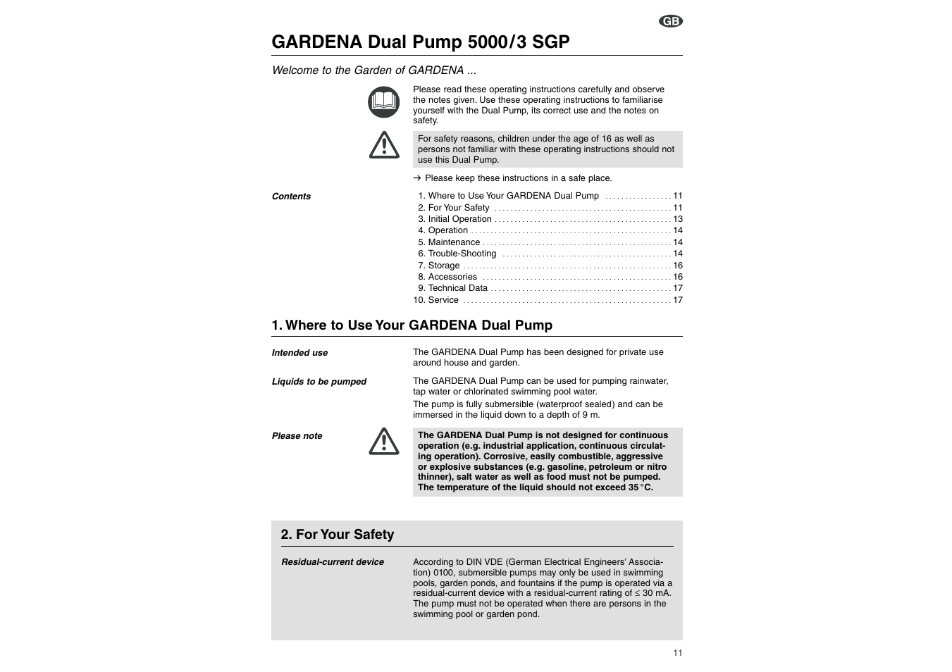 Where to use your gardena dual pump, For your safety | Gardena Gardna 1471 User Manual | Page 2 / 7