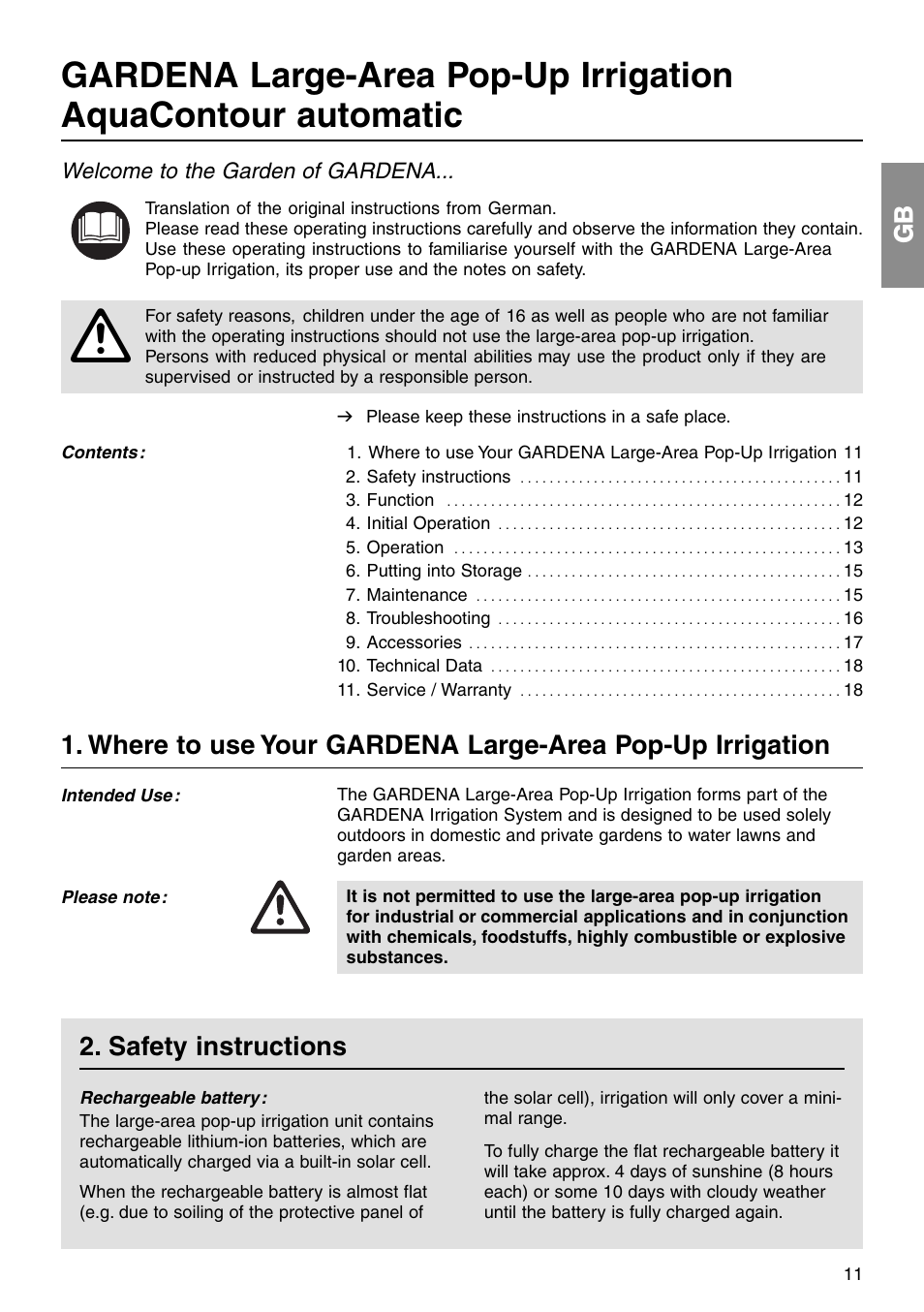 Safety instructions, Welcome to the garden of gardena | Gardena Aqua Contour Automatic Art. 1559 User Manual | Page 2 / 12