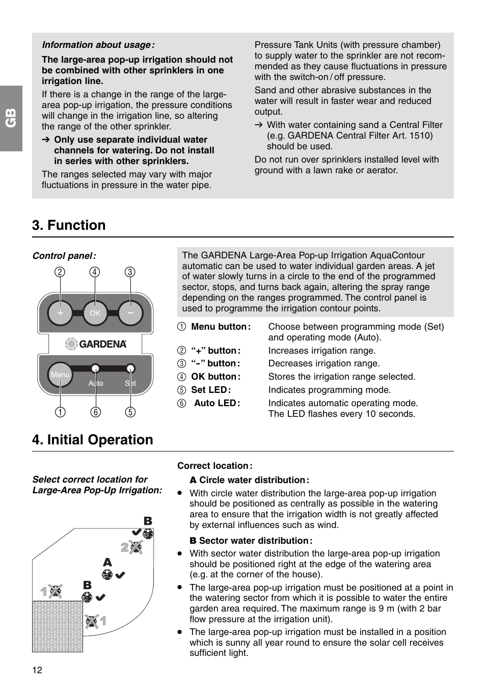 Function, Initial operation, Button : increases irrigation range | Button : decreases irrigation range, Ok button : stores the irrigation range selected, Set led : indicates programming mode, Correct location : a circle water distribution | Gardena Aqua Contour Automatic Art. 1559 User Manual | Page 3 / 12