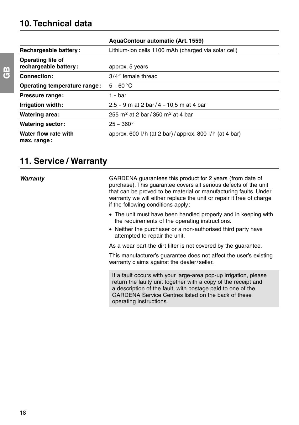 Gb 10. technical data, Service / warranty | Gardena Aqua Contour Automatic Art. 1559 User Manual | Page 9 / 12