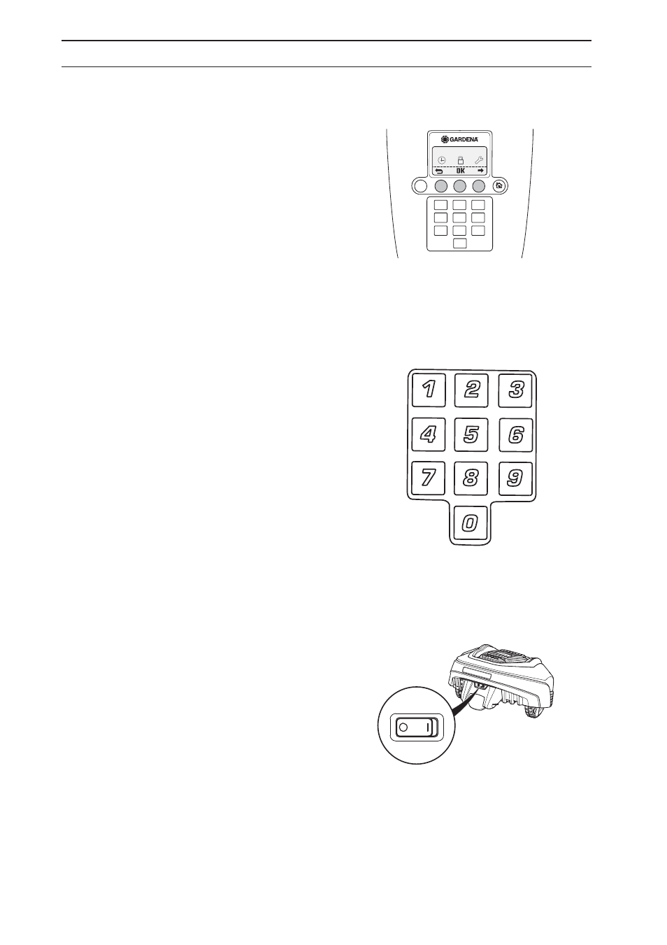 Control panel, 2 multi-choice buttons, 3 numbers | 4 main switch | Gardena Robotic Lawnmower R40Li User Manual | Page 40 / 76