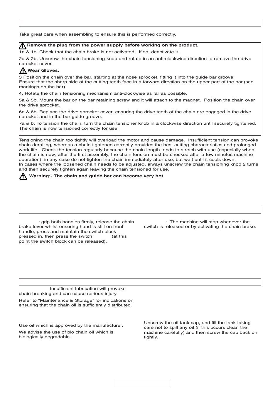 D. assembly / disassembly, English - 6 e. start-up and stopping, F. bar and chain lubrication | Gardena Electric Chainsaw CSI4020-X User Manual | Page 16 / 21