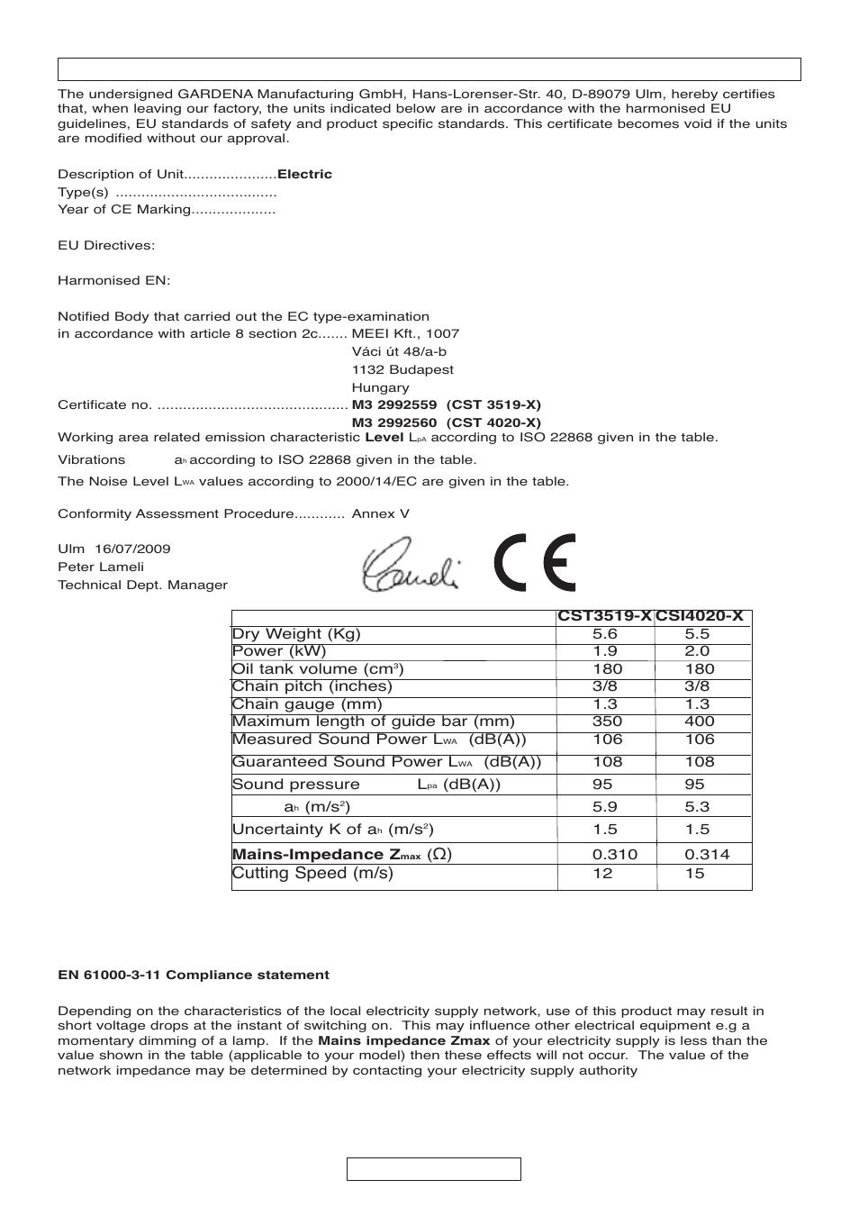 Eu certificate of conformity english - 10, Cutting speed (m/s) | Gardena Electric Chainsaw CSI4020-X User Manual | Page 20 / 21