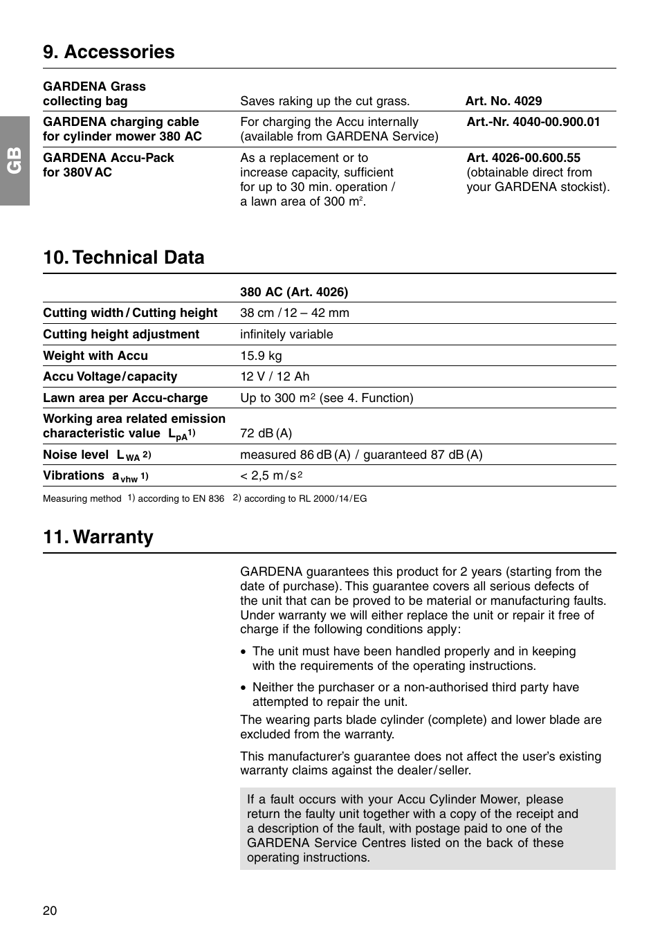 Gb 9. accessories, Technical data, Warranty | Gardena ART 4026 380 AC User Manual | Page 10 / 13