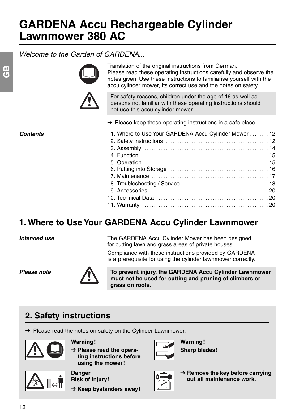 Where to use your gardena accu cylinder lawnmower, Safety instructions, Welcome to the garden of gardena | Gardena ART 4026 380 AC User Manual | Page 2 / 13