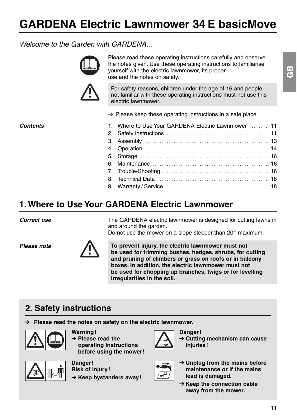 Gardena electric lawnmower 34 e basicmove, Where to use your gardena electric lawnmower, Safety instructions | Welcome to the garden with gardena | Gardena 34 E User Manual | Page 2 / 12