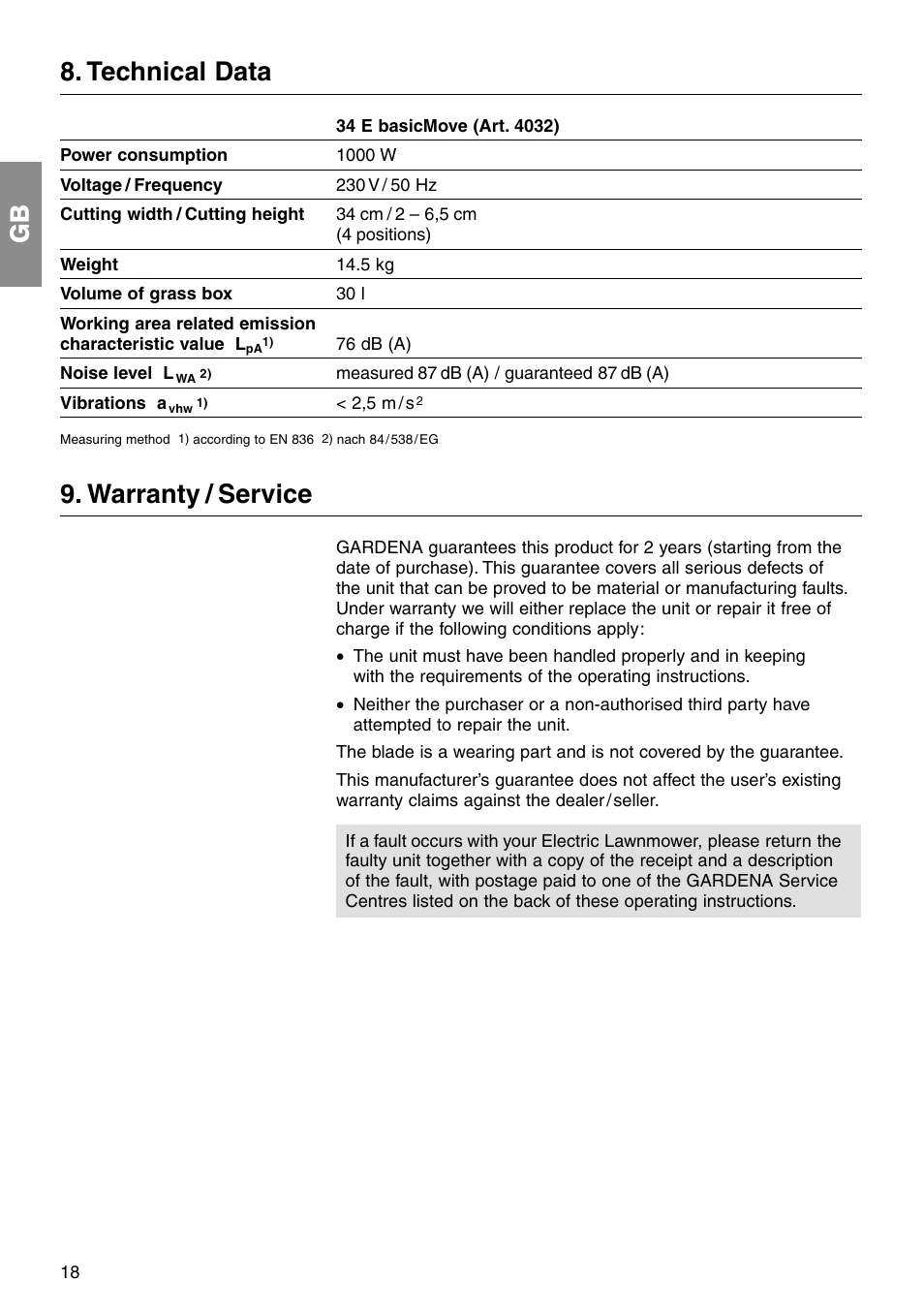 Gb 8. technical data, Warranty / service | Gardena 34 E User Manual | Page 9 / 12