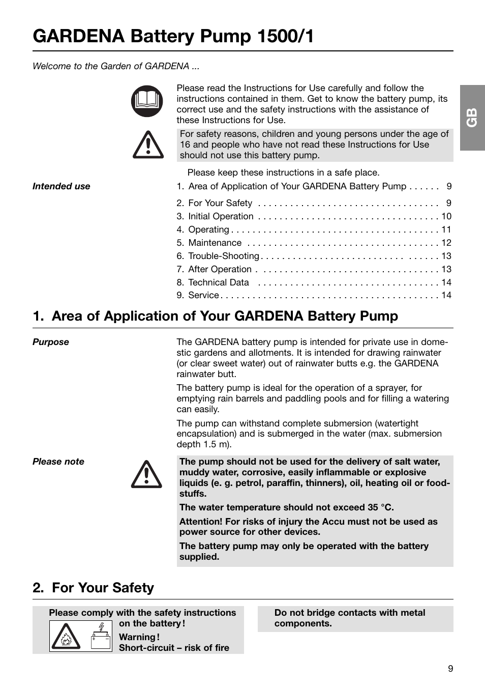 Area of application of your gardena battery pump, For your safety | Gardena 1500/1 Art. 1498 User Manual | Page 2 / 11