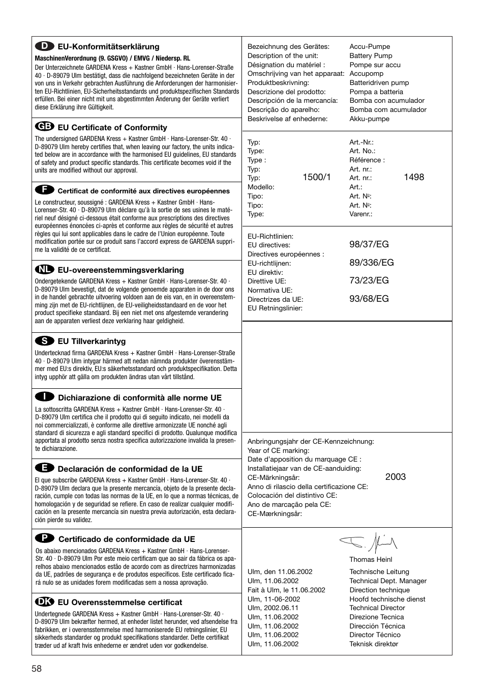 98/37/eg, 73/23/eg, 93/68/eg | Gardena 1500/1 Art. 1498 User Manual | Page 9 / 11