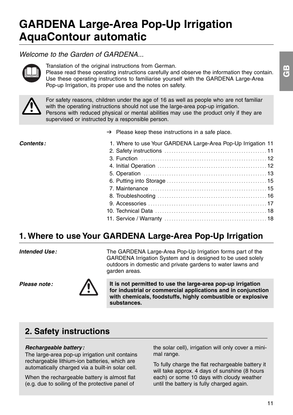 Safety instructions, Welcome to the garden of gardena | Gardena AquaContour automatic Pop-up 1559 User Manual | Page 2 / 12