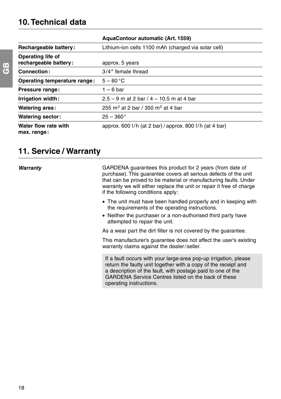 Gb 10. technical data, Service / warranty | Gardena AquaContour automatic Pop-up 1559 User Manual | Page 9 / 12