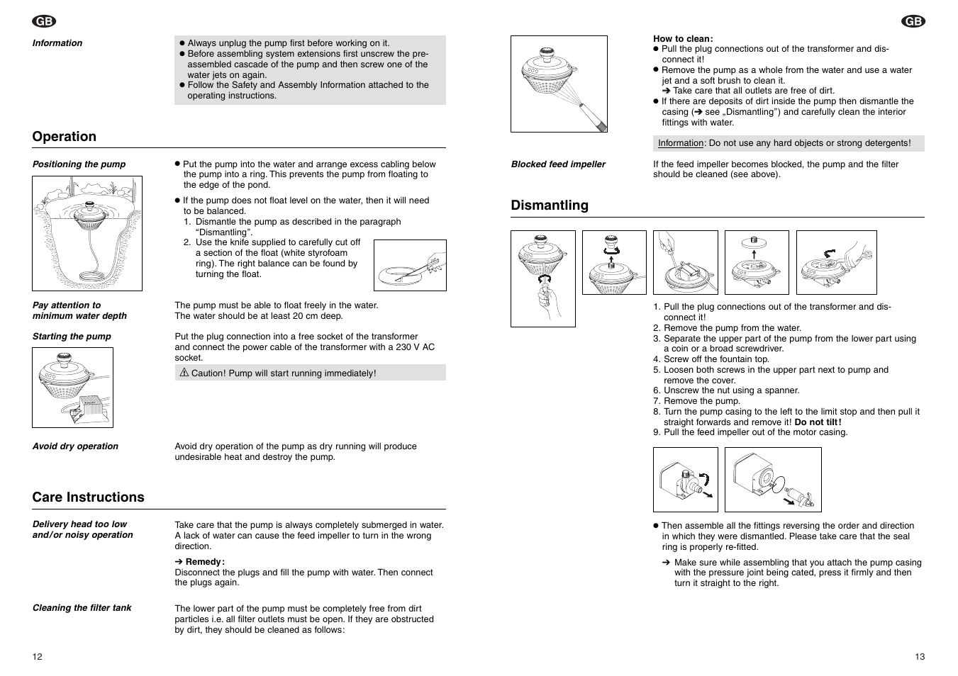 Operation, Care instructions, Dismantling | Gardena Floating Pump 12 V User Manual | Page 4 / 6